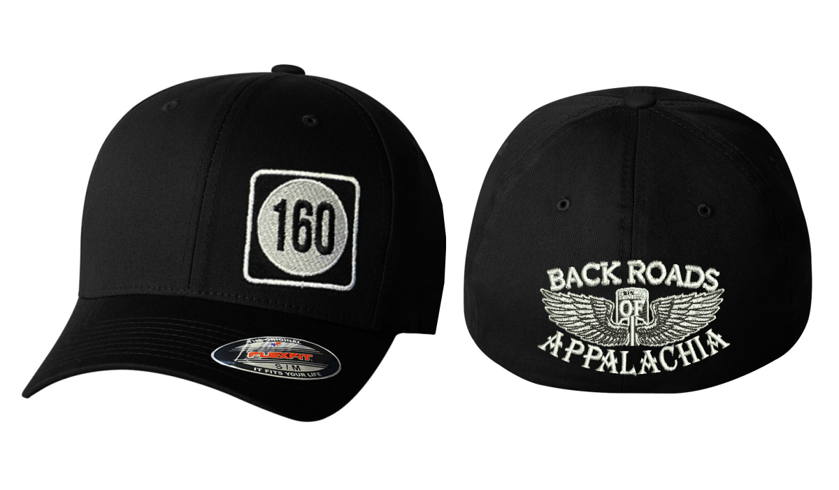 Black baseball cap with white logo and text on a white background